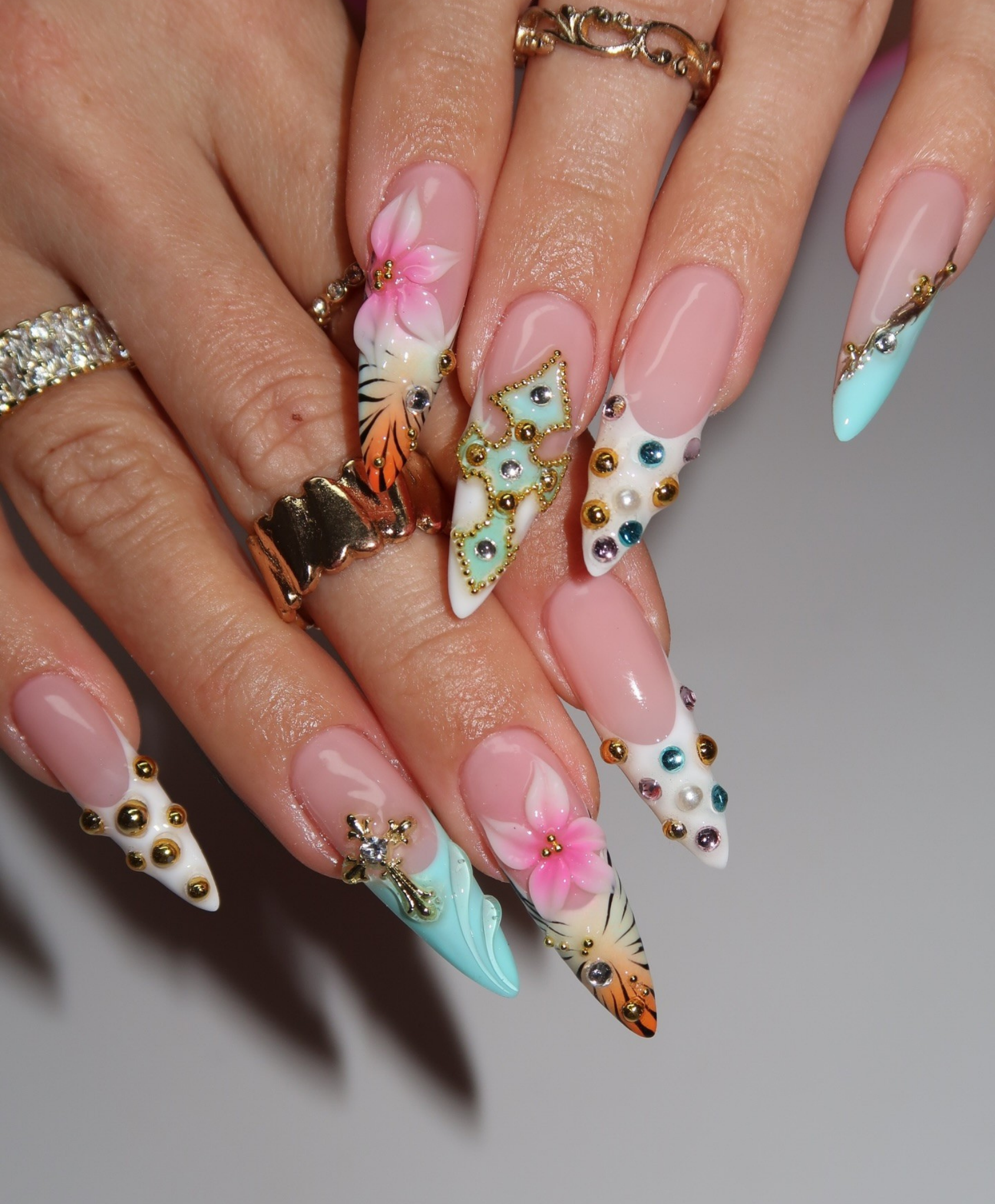Handmade Luxury 3D Tropical Cross Press On Nails - Long Stiletto Sunset Hibiscus Nails - Turquoise & Gold Boho Nail Art with Jewelry Charms