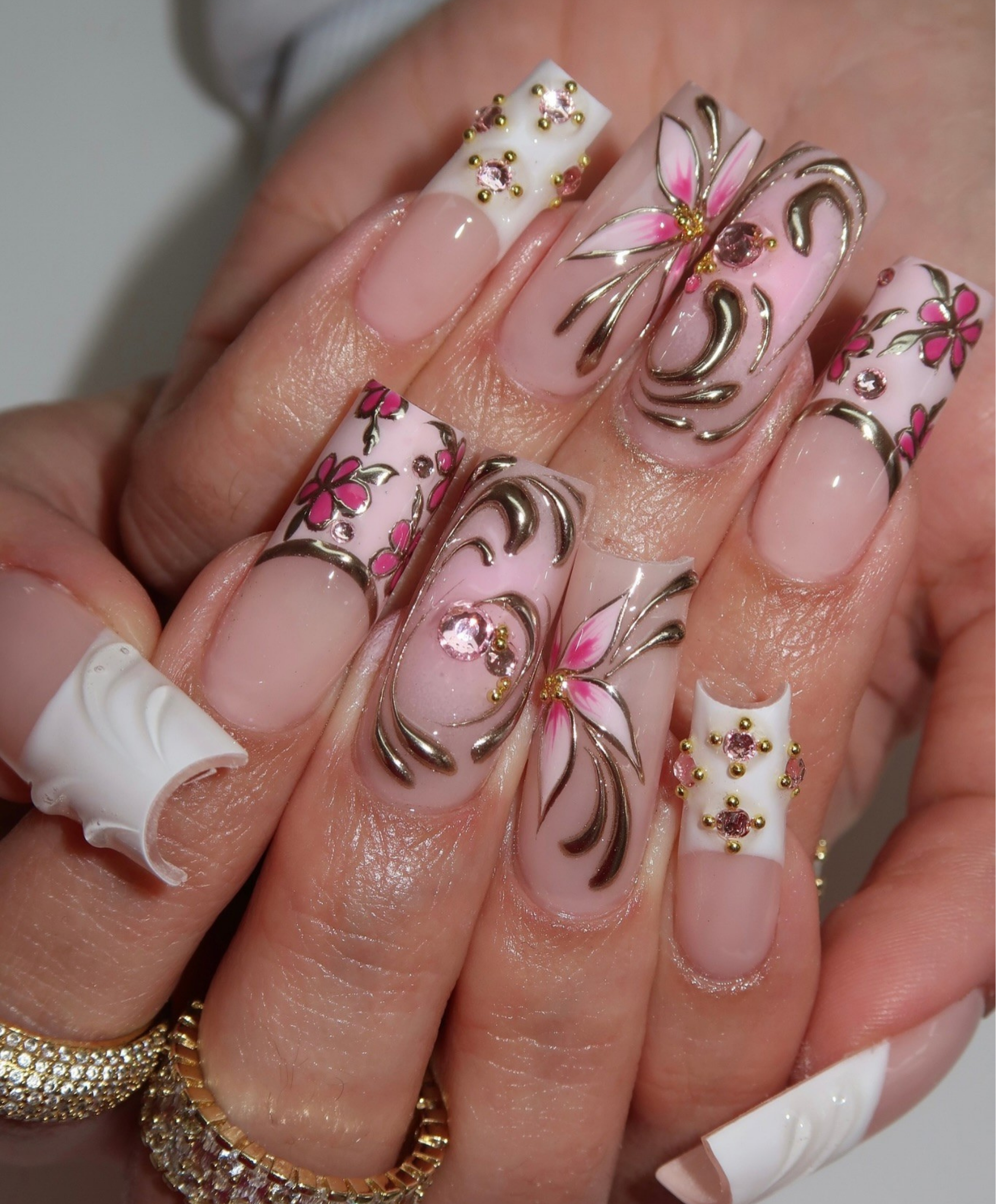 Hand-Painted Luxury 3D Gold Swirl Long Square Press On Nails - Pink Floral & Rhinestone French Tip Nails - Glam Birthday & Wedding Nail Art