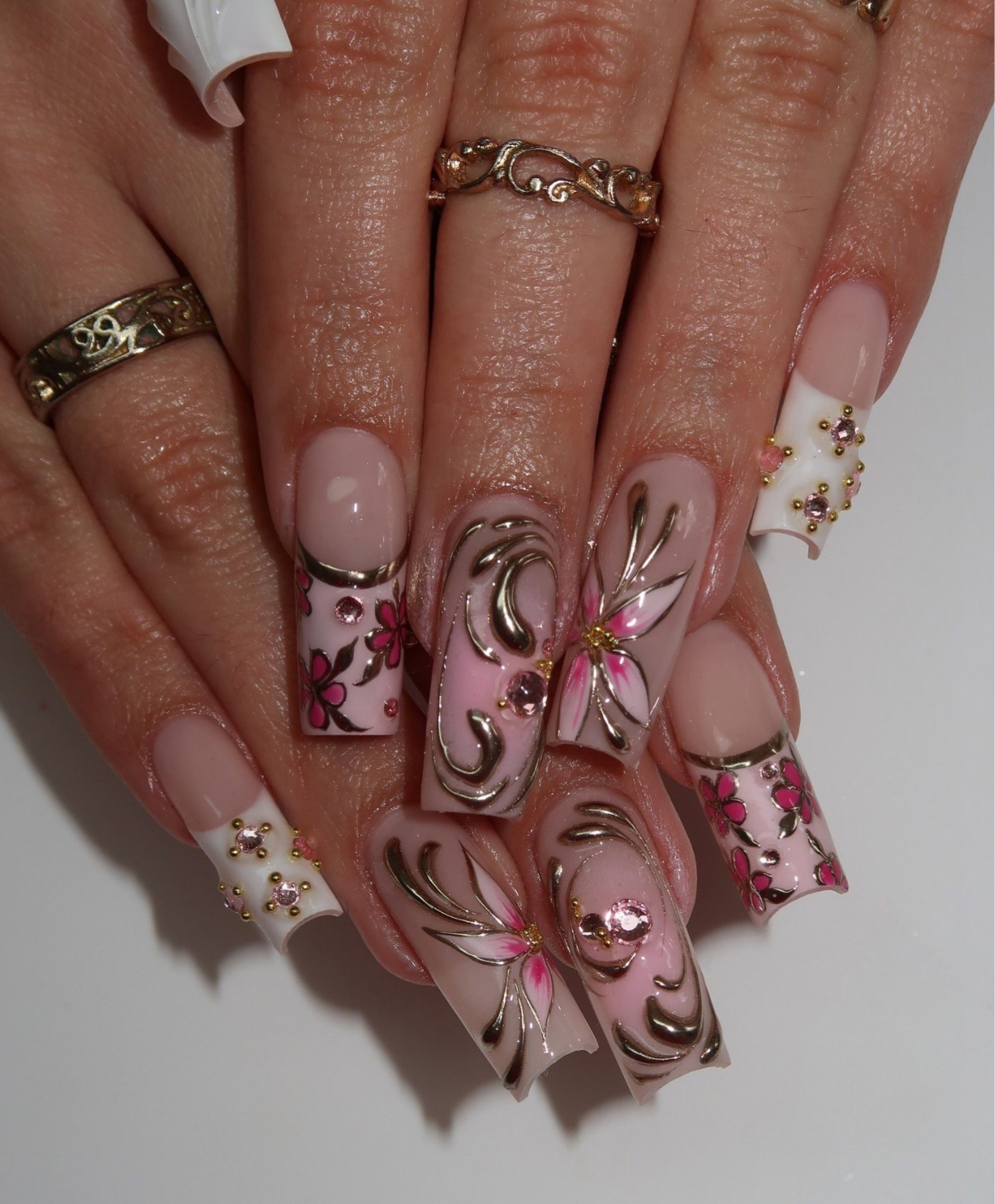 Hand-Painted Luxury 3D Gold Swirl Long Square Press On Nails - Pink Floral & Rhinestone French Tip Nails - Glam Birthday & Wedding Nail Art