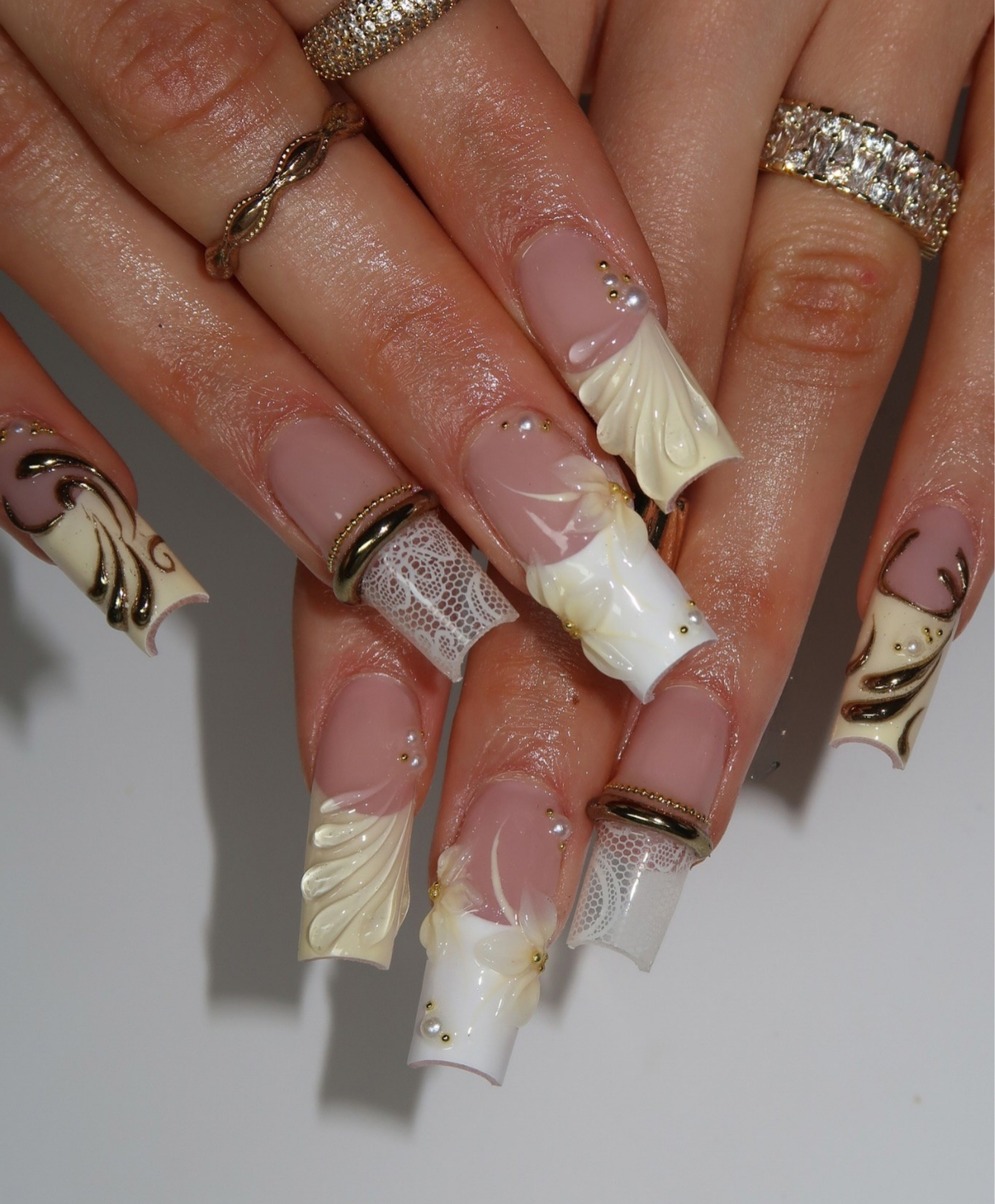 Hand-Painted 3D Luxury Bridal White Lace Press On Nails - Long Square 3D Sculpted Wedding Nails with Gold Charms & Pearls - Elegant Fake Nails