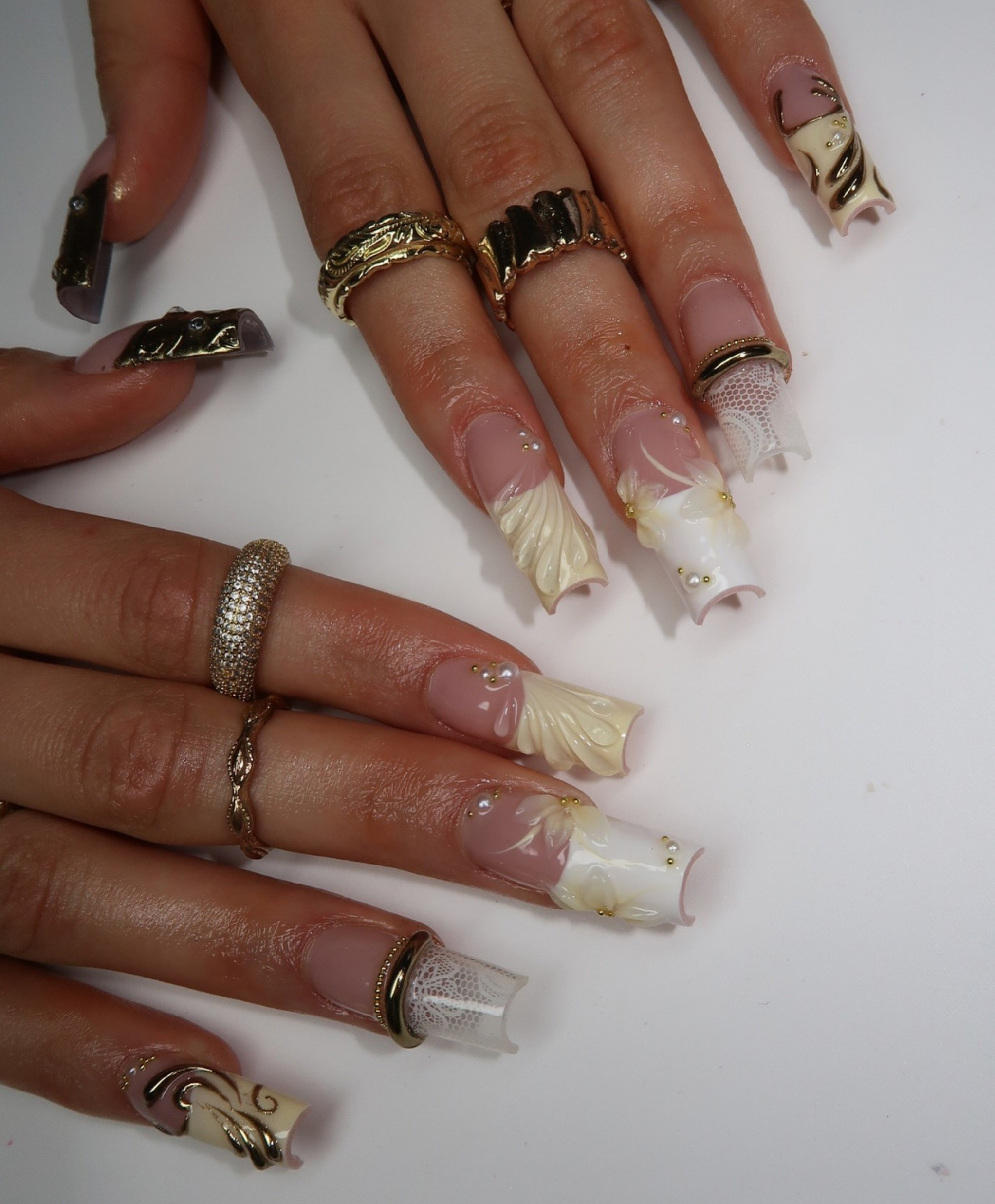 Hand-Painted 3D Luxury Bridal White Lace Press On Nails - Long Square 3D Sculpted Wedding Nails with Gold Charms & Pearls - Elegant Fake Nails