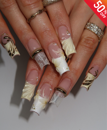 Hand-Painted 3D Luxury Bridal White Lace Press On Nails - Long Square 3D Sculpted Wedding Nails with Gold Charms & Pearls - Elegant Fake Nails