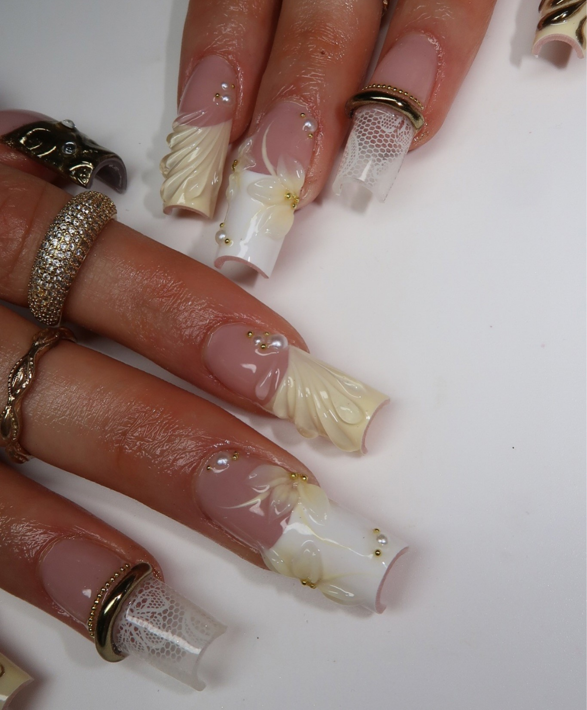 Hand-Painted 3D Luxury Bridal White Lace Press On Nails - Long Square 3D Sculpted Wedding Nails with Gold Charms & Pearls - Elegant Fake Nails