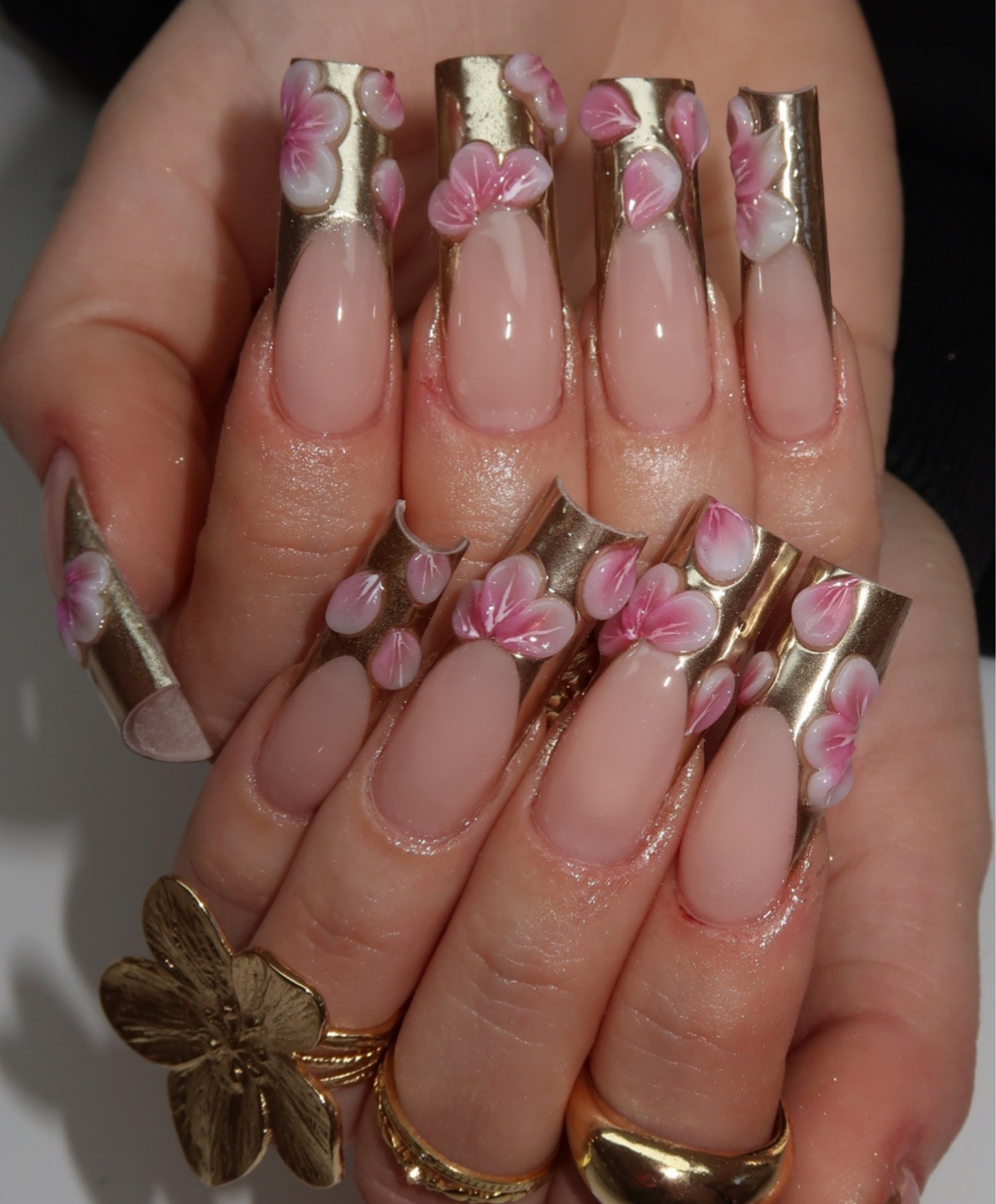Luxury 3D Floral Gold Chrome Press On Nails | Long Square Nude & Metallic French Tip | Elegant Pink Flower Handmade Nail Set | Bridal Glam Nails