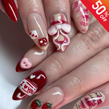 Cute Romantic Press On Nails, Valentine Nails with 3D Bows and Cherries, I Love You Nail Set, Red Nude Heart Nails, Kawaii Nails
