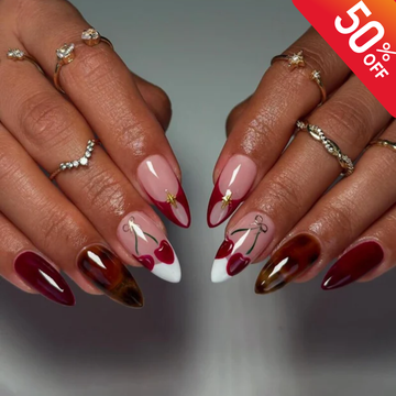 Red Cherry Press On Nails, Romantic Valentine Nails Press on, Cute Cherry Nail Art with Tortoise Design, Brown Nails, Cute nails, Fake Nails