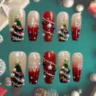 Christmas Tree Press-On Nails, Red Ombre Glitter Holiday Set with 3D Pearls, Snowflakes &amp; String-Lights Charms