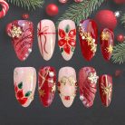 Poinsettia &amp; Snowflake Press-On Nails, Red Glitter Holiday Nail Set with 3D Flowers, Pearls &amp; Gold Charms — Luxury Christmas Nail Art