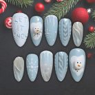 Let It Snow Press-On Nails, Blue &amp; White Winter Nail Set with 3D Snowman, Snowflakes &amp; Knit Texture — Cozy Reusable Nail Art