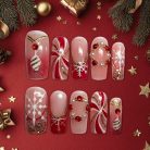 Red &amp; Gold Snowflake Press-On Nails, Christmas Ornament Nail Set with Pearls, Glitter &amp; Candy Swirl Design — Elegant Holiday Nail Art