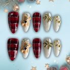 Teddy Bear &amp; Plaid Christmas Press-On Nails, Red and White Holiday Nail Set with 3D Bows, Pearls &amp; Gold Accents — Cute Winter Nails