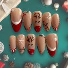 Reindeer Christmas Press-On Nails, Nude and Red Holiday Nail Set with Snowflakes, Holly &amp; String Lights — Handmade Winter Nail Art