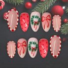 Holiday Bow &amp; Wreath Press-On Nails, Red Jelly Dots Almond Set with Candy-Cane Borders — Reusable Christmas Nail Art