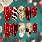 Santa &amp; Reindeer Christmas Press-On Nails, Red Chrome Holiday Nail Set with 3D Candy Cane, Rudolph, and Ornament Designs