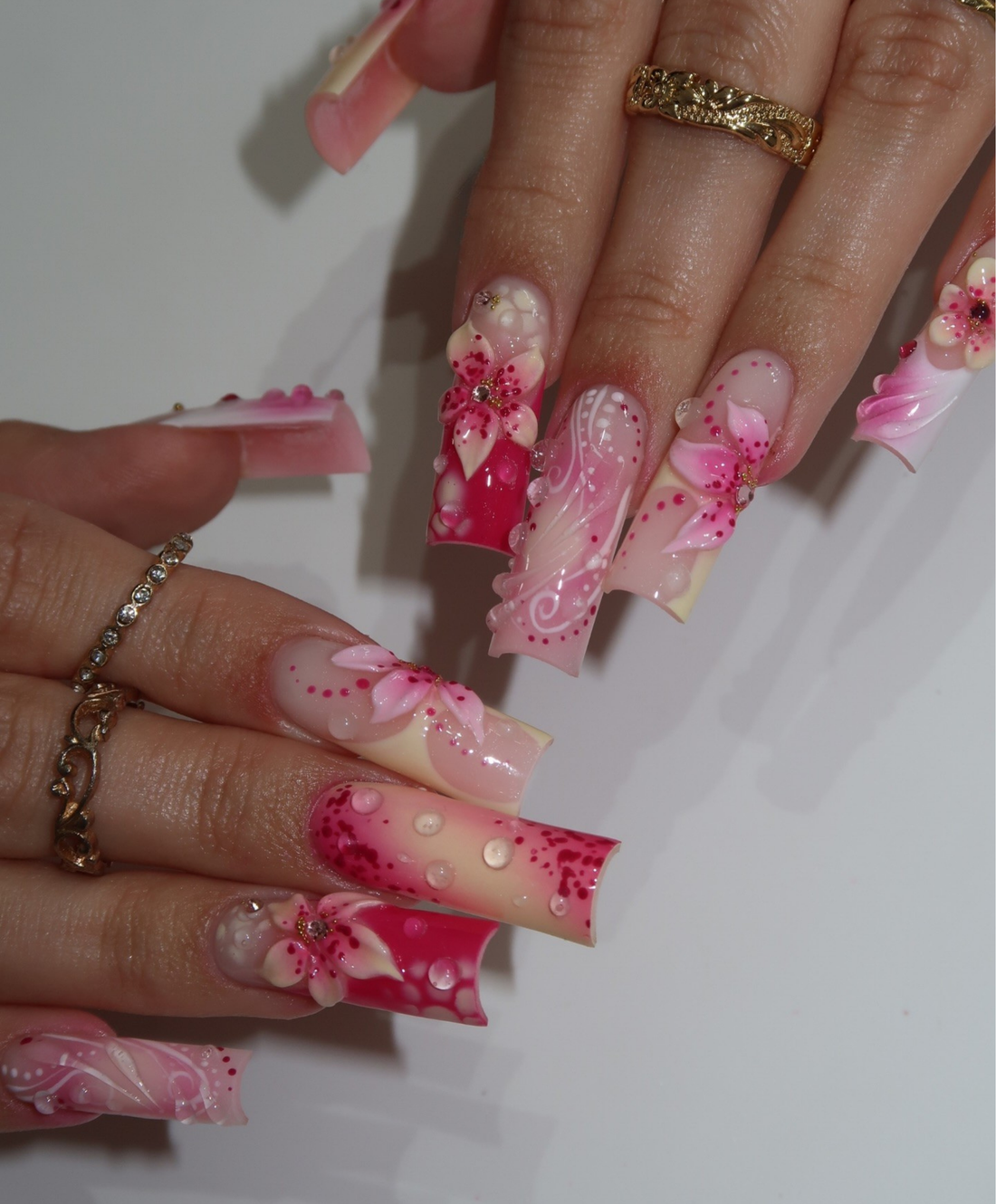 Handmade 3D Flower Pink & White Long Square Press On Nails - Luxury Floral Water Droplet Nail Art for Birthday, Wedding, Prom & Spring