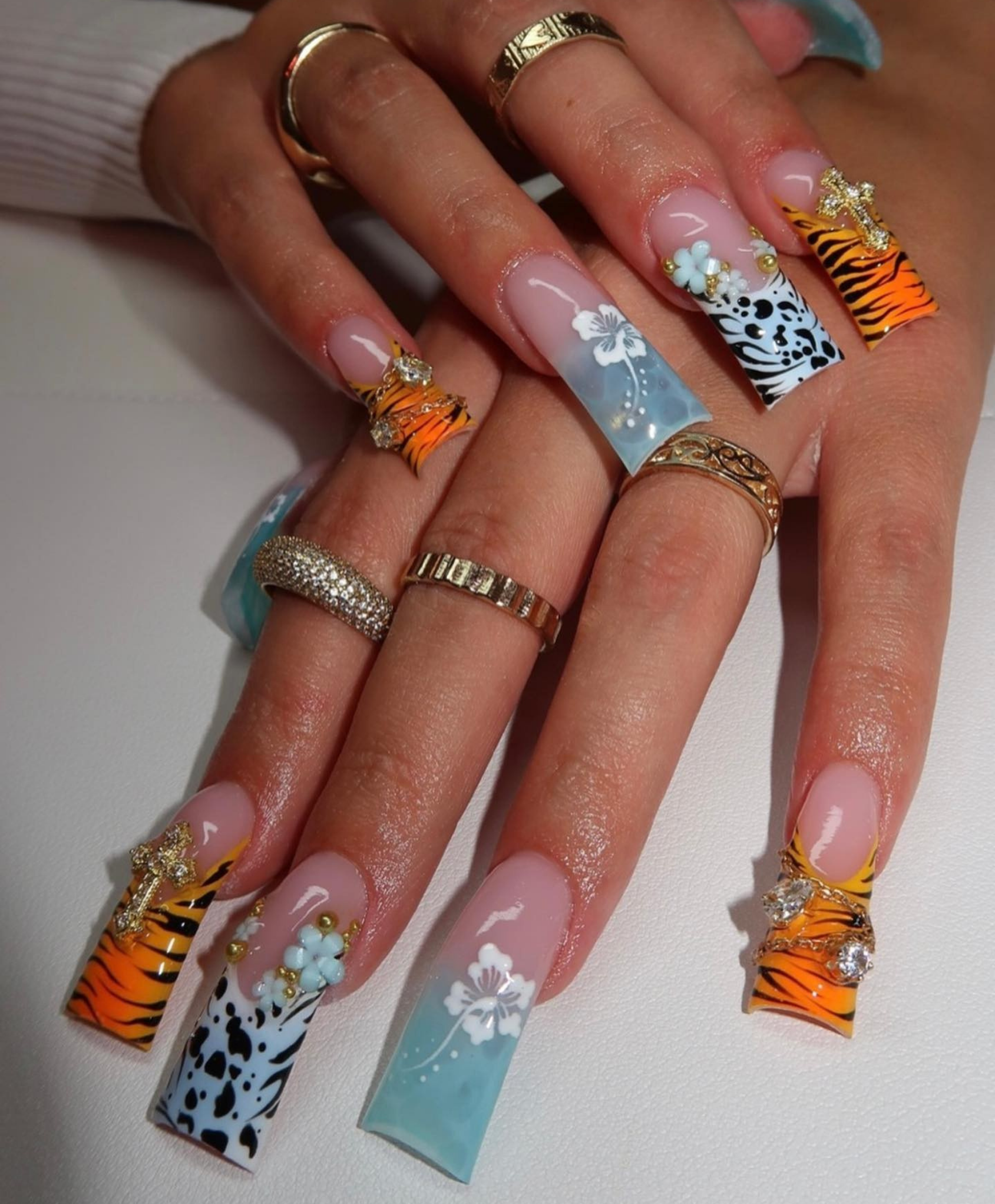 Handmade Y2K Duck Nails XL Flare Press On Nails - Tiger Print, 3D Hibiscus Flower & Gold Cross Charms - Long Animal Print Luxury Nail Art