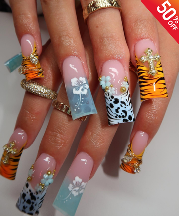 Handmade Y2K Duck Nails XL Flare Press On Nails - Tiger Print, 3D Hibiscus Flower & Gold Cross Charms - Long Animal Print Luxury Nail Art