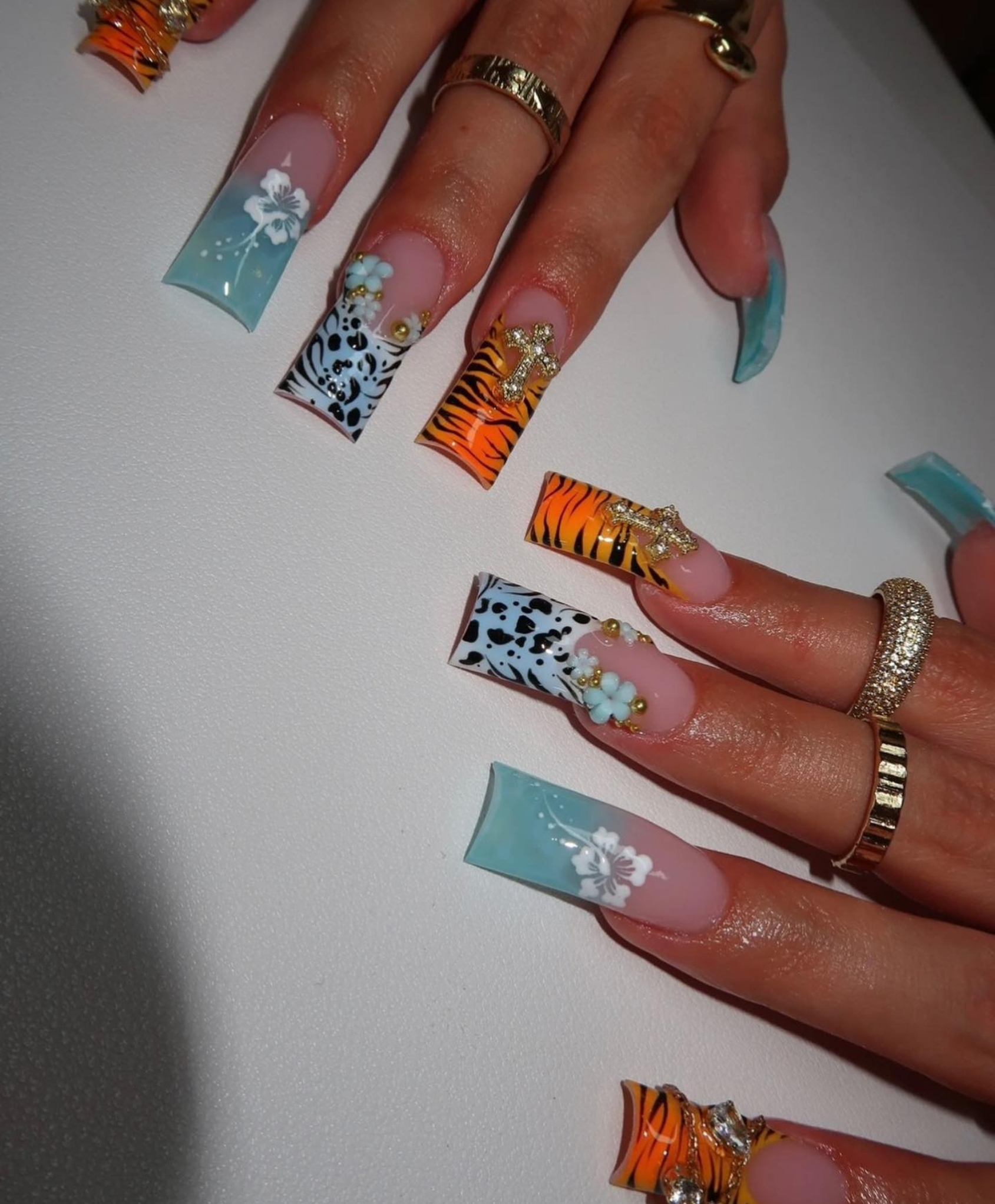 Handmade Y2K Duck Nails XL Flare Press On Nails - Tiger Print, 3D Hibiscus Flower & Gold Cross Charms - Long Animal Print Luxury Nail Art