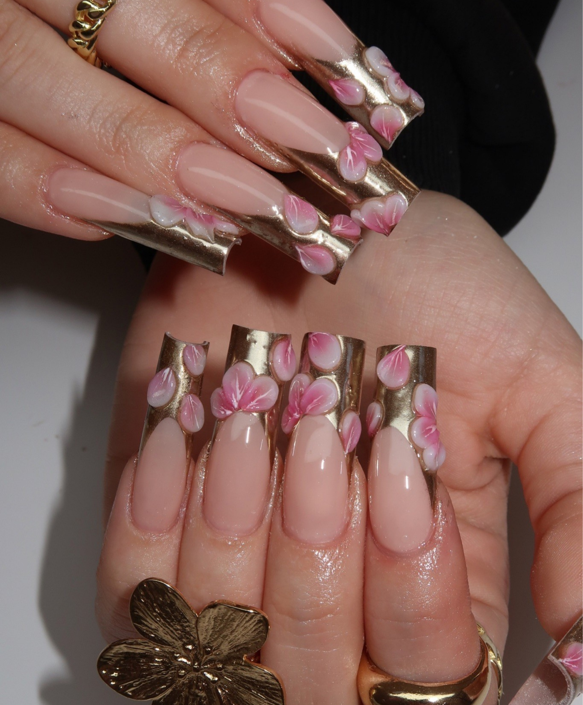 Luxury 3D Floral Gold Chrome Press On Nails | Long Square Nude & Metallic French Tip | Elegant Pink Flower Handmade Nail Set | Bridal Glam Nails