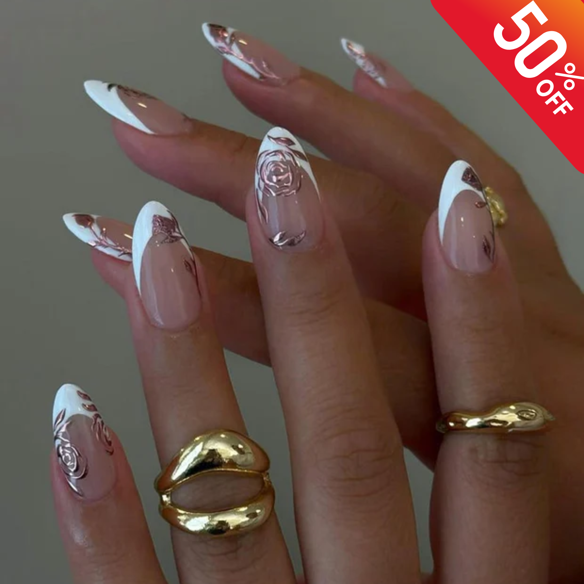 Romantic Rose Press On Nails, Elegant Handmade Press Ons with Pink Chrome Floral Nail Art, Luxury French Tips Nails, Special Occassion Nails