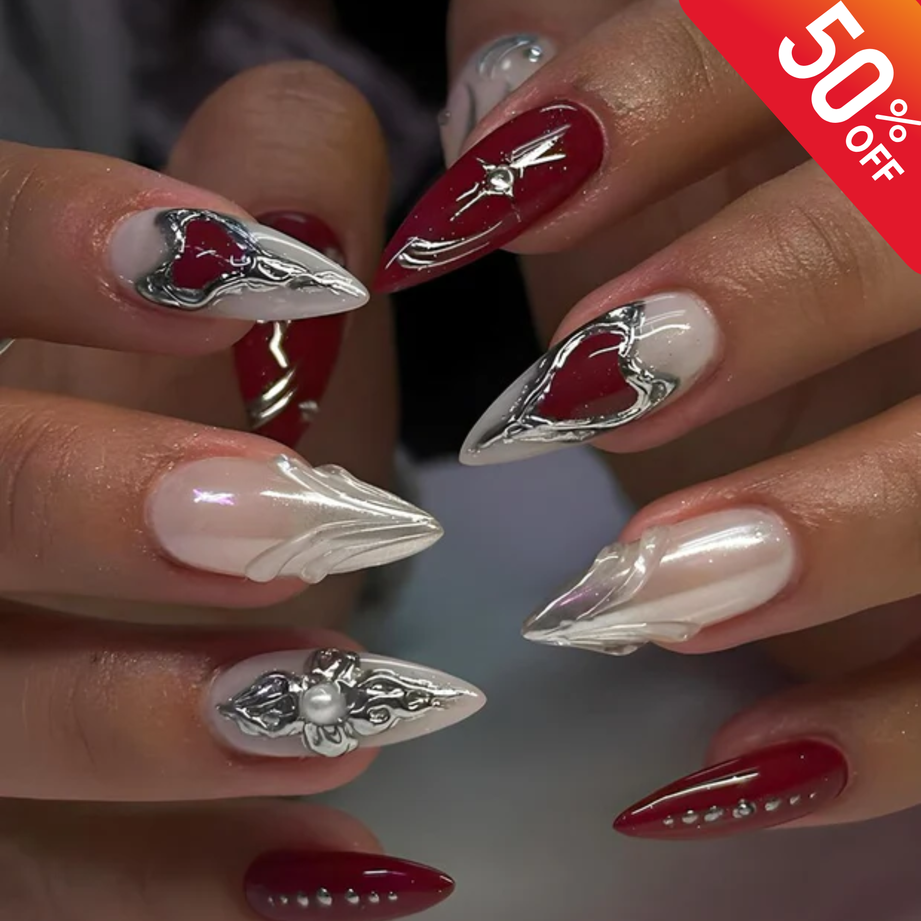 Luxury Red Press On Nails, 3D Heart Design Fake Nails, Red & Silver Luxury Nail Art, Modern Handmade Statement Nail Set, Gothic Nails