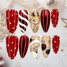 Santa &amp; Reindeer Christmas Press-On Nails, Red Chrome Holiday Nail Set with 3D Candy Cane, Rudolph, and Ornament Designs