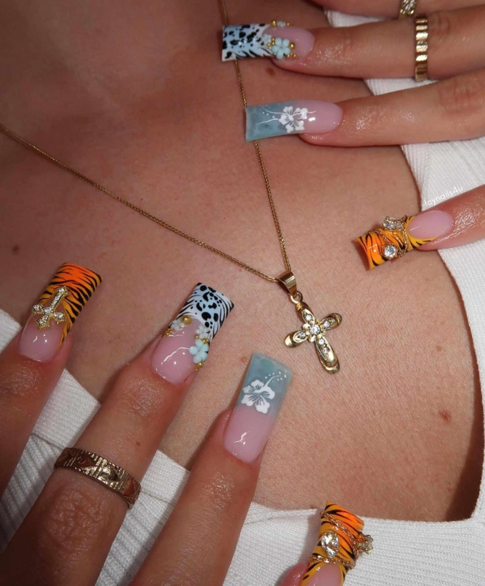 Handmade Y2K Duck Nails XL Flare Press On Nails - Tiger Print, 3D Hibiscus Flower & Gold Cross Charms - Long Animal Print Luxury Nail Art