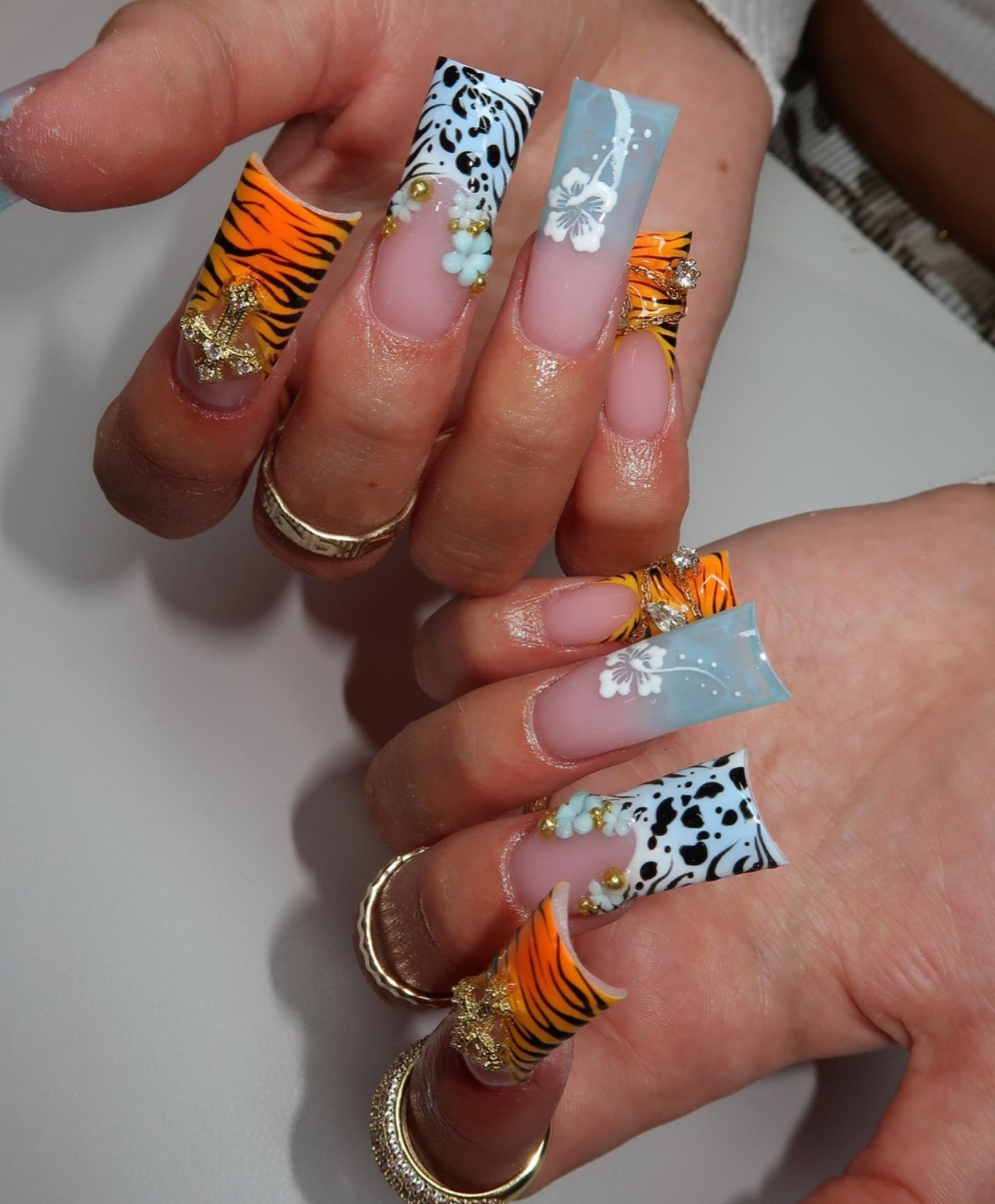 Handmade Y2K Duck Nails XL Flare Press On Nails - Tiger Print, 3D Hibiscus Flower & Gold Cross Charms - Long Animal Print Luxury Nail Art