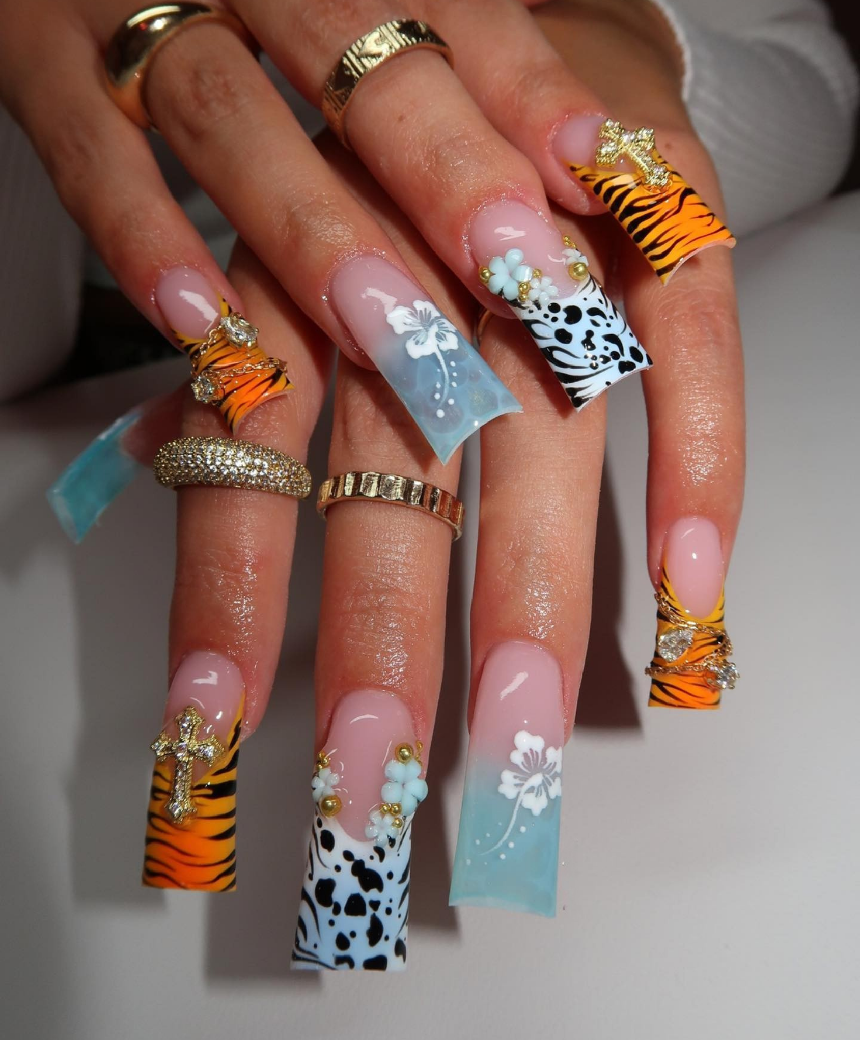 Handmade Y2K Duck Nails XL Flare Press On Nails - Tiger Print, 3D Hibiscus Flower & Gold Cross Charms - Long Animal Print Luxury Nail Art