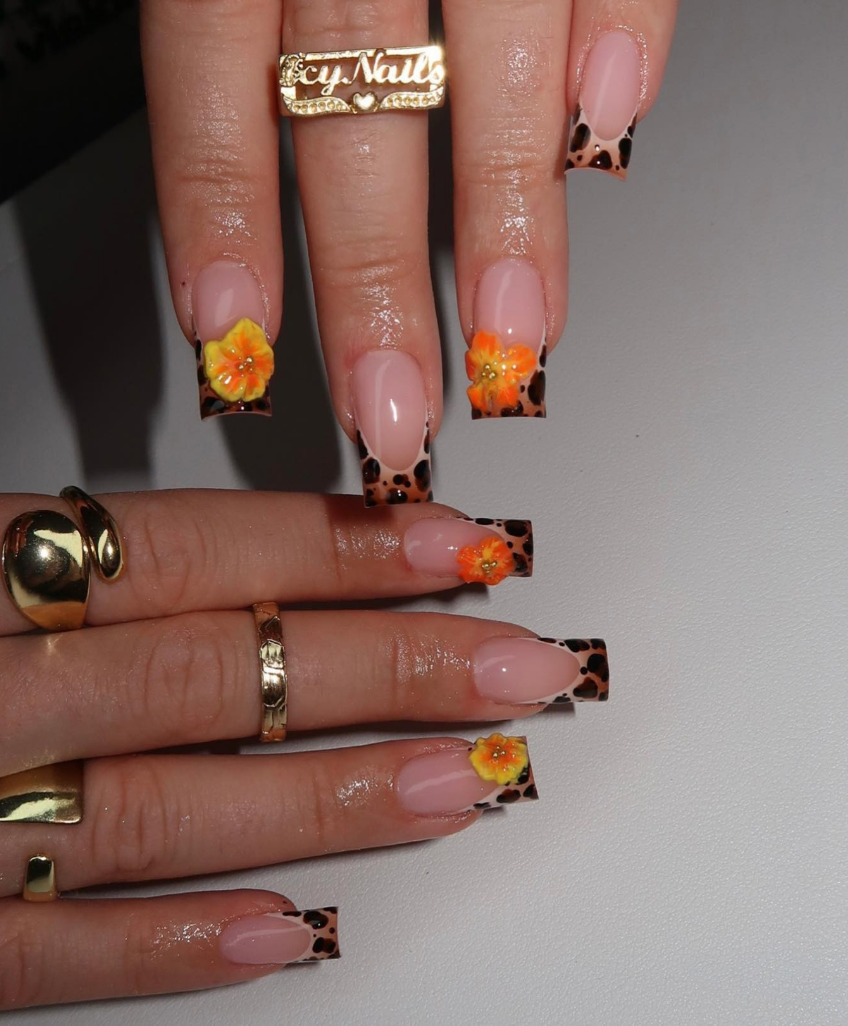 Hand-Painted Leopard Print French Tip with 3D Orange Flower Long Square Press On Nails - Luxury Safari Summer, Tropical Vacation Nail Art
