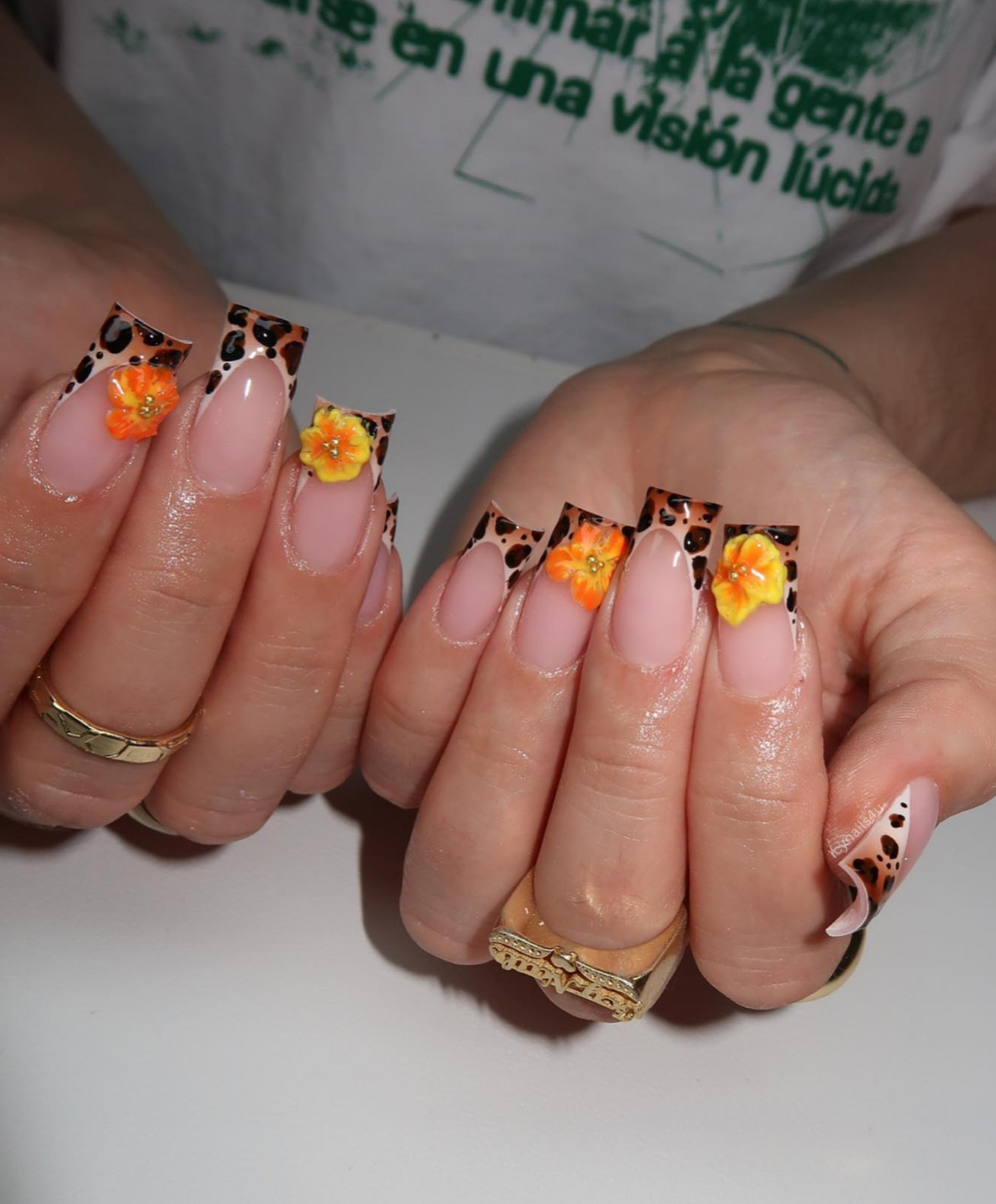 Hand-Painted Leopard Print French Tip with 3D Orange Flower Long Square Press On Nails - Luxury Safari Summer, Tropical Vacation Nail Art