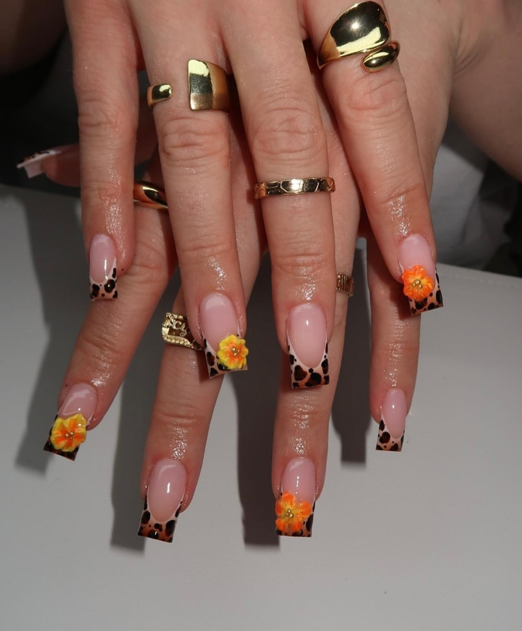 Hand-Painted Leopard Print French Tip with 3D Orange Flower Long Square Press On Nails - Luxury Safari Summer, Tropical Vacation Nail Art