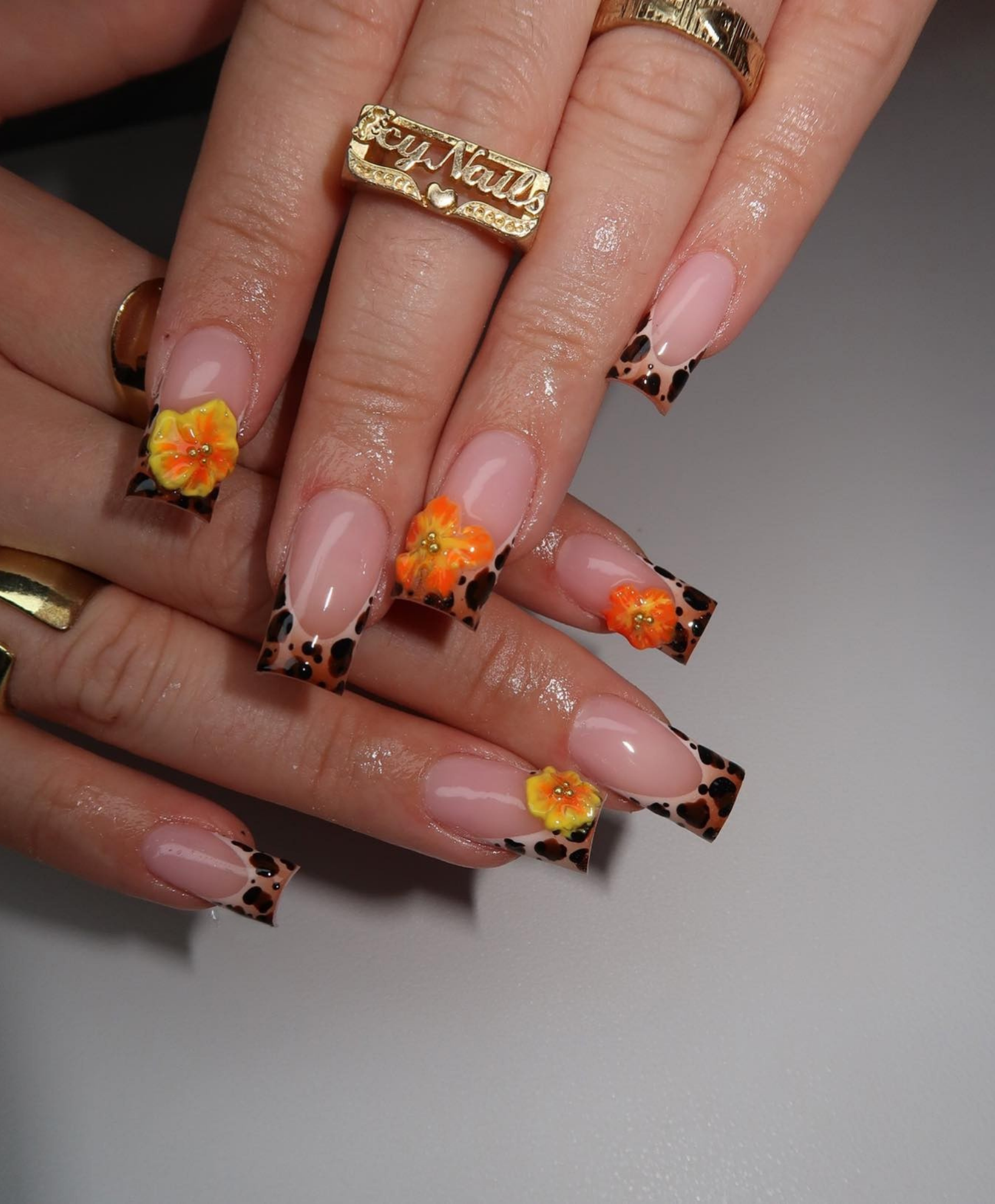 Hand-Painted Leopard Print French Tip with 3D Orange Flower Long Square Press On Nails - Luxury Safari Summer, Tropical Vacation Nail Art