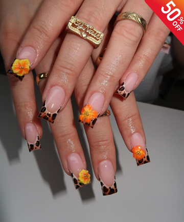 Hand-Painted Leopard Print French Tip with 3D Orange Flower Long Square Press On Nails - Luxury Safari Summer, Tropical Vacation Nail Art