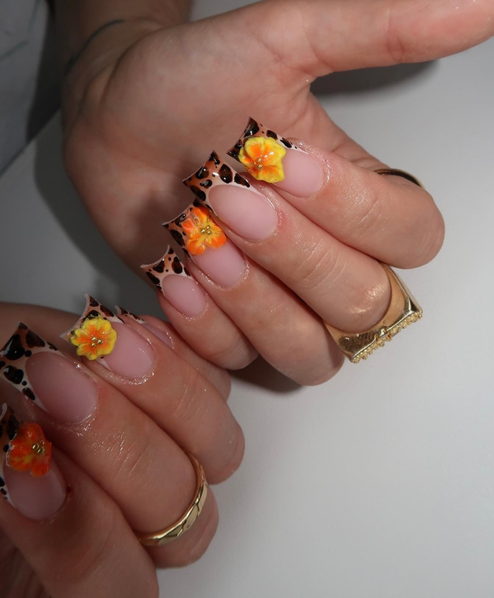Hand-Painted Leopard Print French Tip with 3D Orange Flower Long Square Press On Nails - Luxury Safari Summer, Tropical Vacation Nail Art