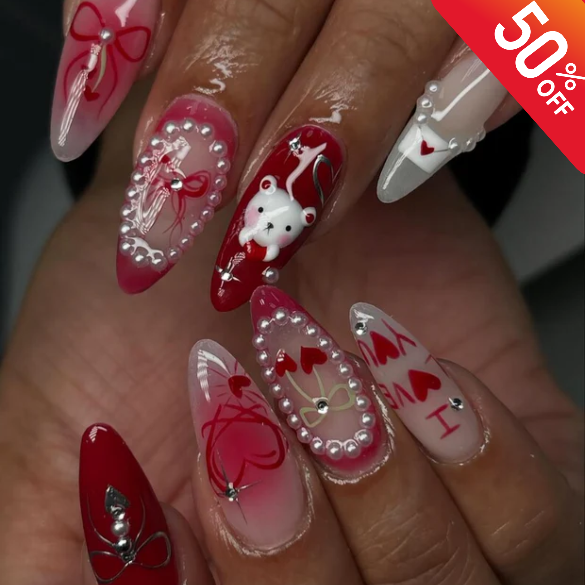 Sweet Love Press On Nails, Romantic Red & Pink Nails with Heart Bow and Bear Design, Valentine Nails, Handmade Love Nail Set, Cute Nails