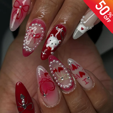 Sweet Love Press On Nails, Romantic Red & Pink Nails with Heart Bow and Bear Design, Valentine Nails, Handmade Love Nail Set, Cute Nails