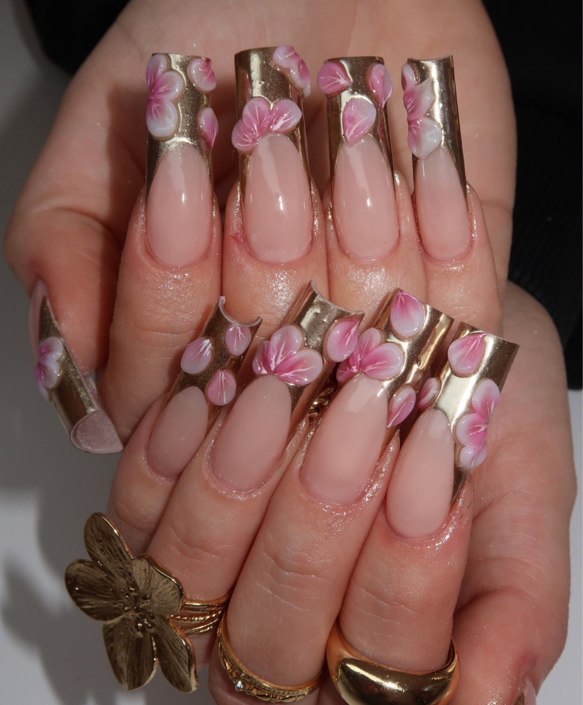 Luxury 3D Floral Gold Chrome Press On Nails | Long Square Nude & Metallic French Tip | Elegant Pink Flower Handmade Nail Set | Bridal Glam Nails