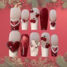 Cherry Heart Press-On Nails, Red and Nude 3D Nail Set with Pearls, Glossy Hearts &amp; Bows — Handmade Romantic Nail Art for Women
