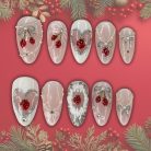 Strawberry Pearl Press-On Nails, Sheer Pink Glitter Set with 3D Berries, Silver Lace Frames &amp; Bow Chains — Elegant Reusable Nail Art