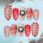 Holiday Bow &amp; Wreath Press-On Nails, Red Jelly Dots Almond Set with Candy-Cane Borders — Reusable Christmas Nail Art
