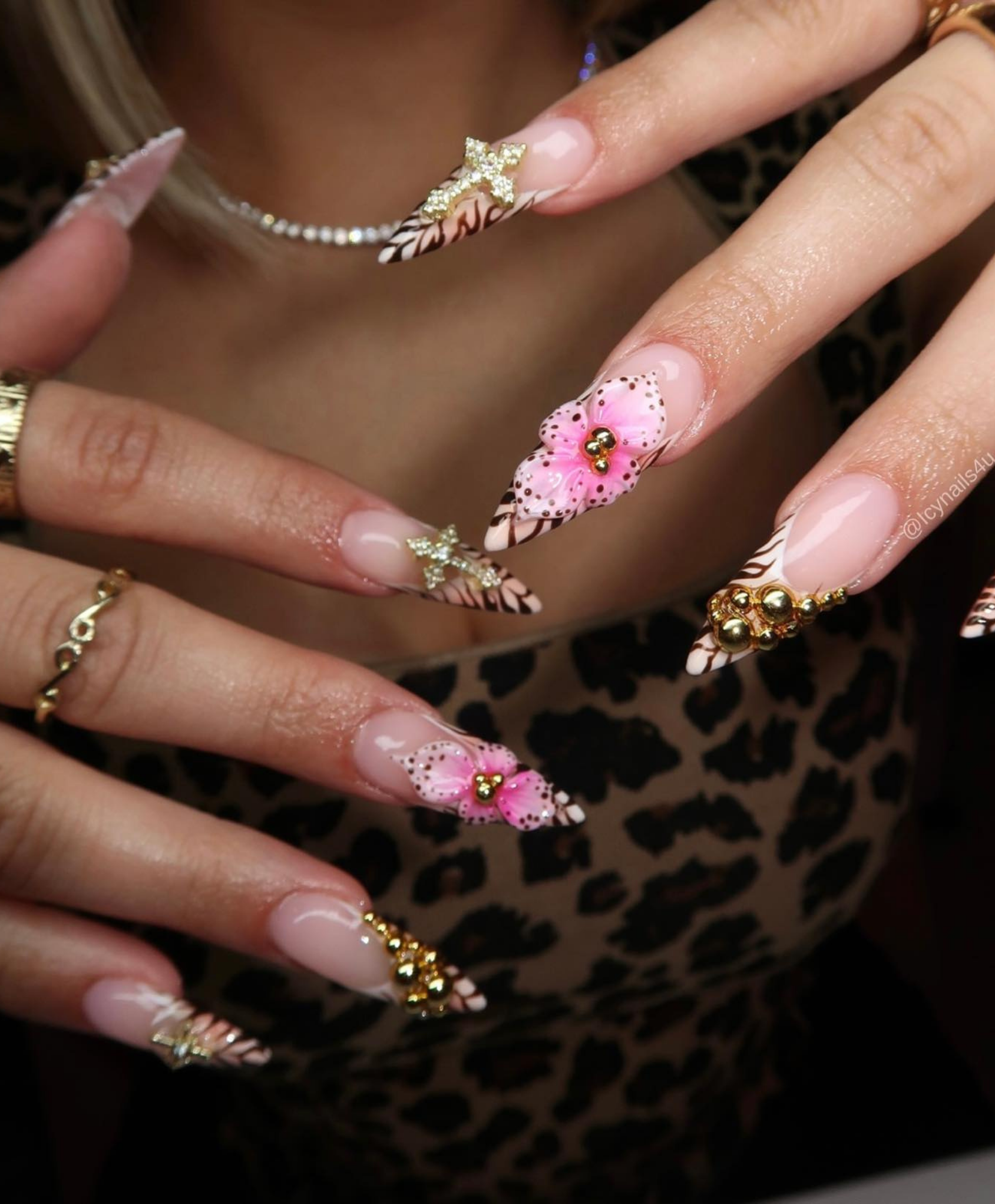Hand-Painted Animal Print 3D Pink Flower Long Stiletto Press On Nails - Luxury Gold Cross Charm, Zebra Tip, and Baddie Aesthetic Nail Art