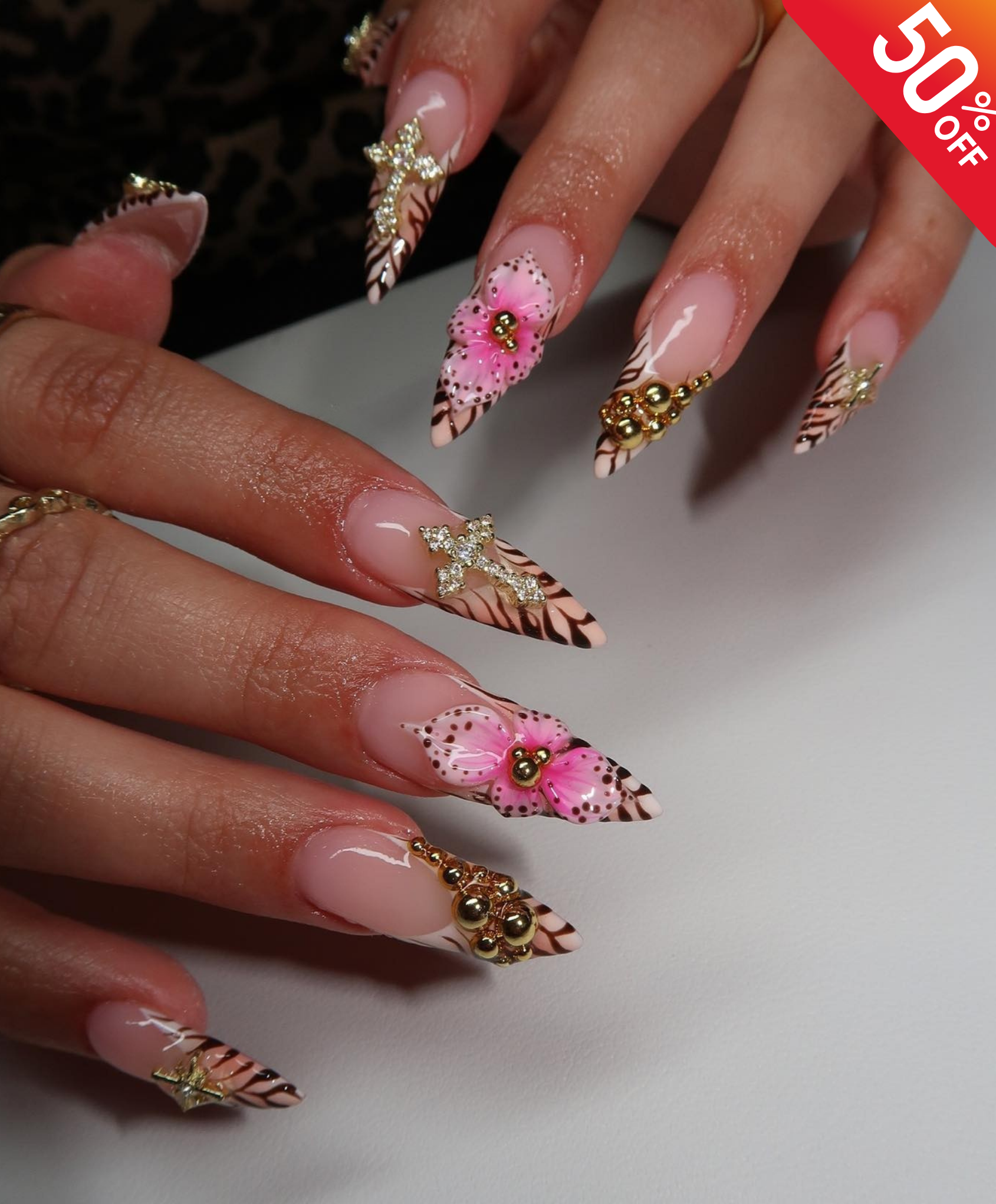 Hand-Painted Animal Print 3D Pink Flower Long Stiletto Press On Nails - Luxury Gold Cross Charm, Zebra Tip, and Baddie Aesthetic Nail Art