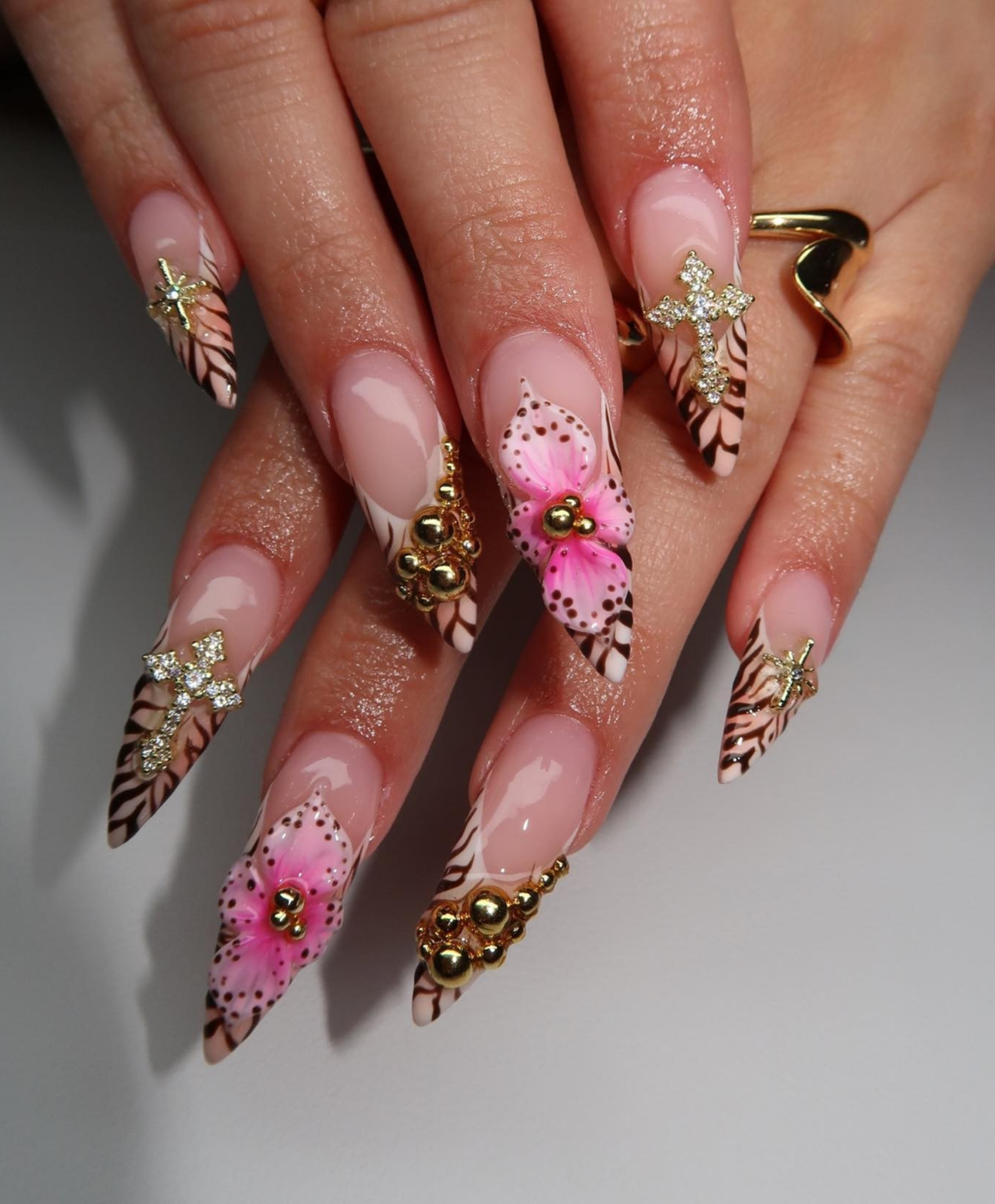 Hand-Painted Animal Print 3D Pink Flower Long Stiletto Press On Nails - Luxury Gold Cross Charm, Zebra Tip, and Baddie Aesthetic Nail Art