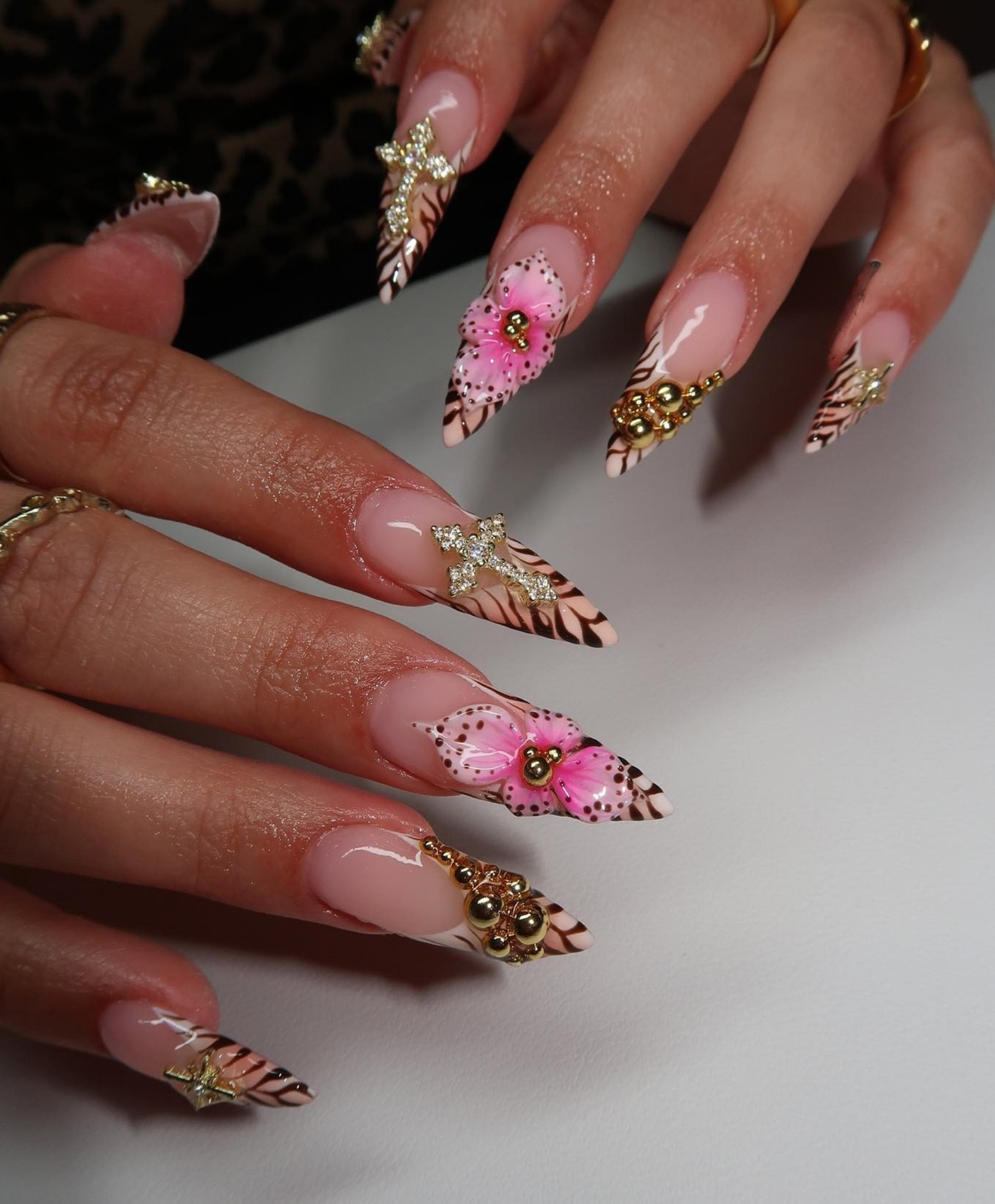 Hand-Painted Animal Print 3D Pink Flower Long Stiletto Press On Nails - Luxury Gold Cross Charm, Zebra Tip, and Baddie Aesthetic Nail Art