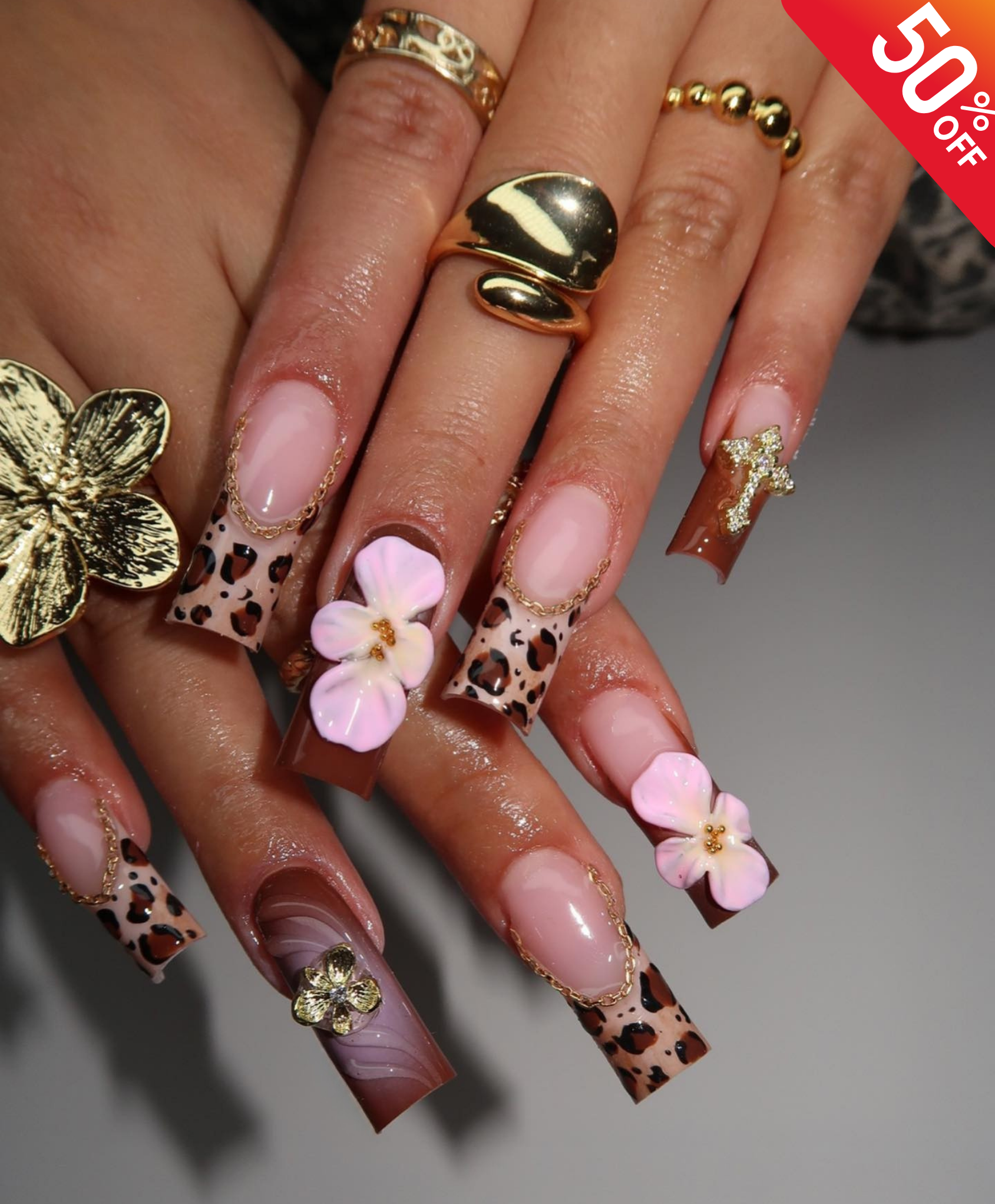 Handmade Leopard Print 3D Flower Long Square Press On Nails | Luxury Brown & Gold Baddie Nails | Animal Print Fake Nails for Birthday & Event