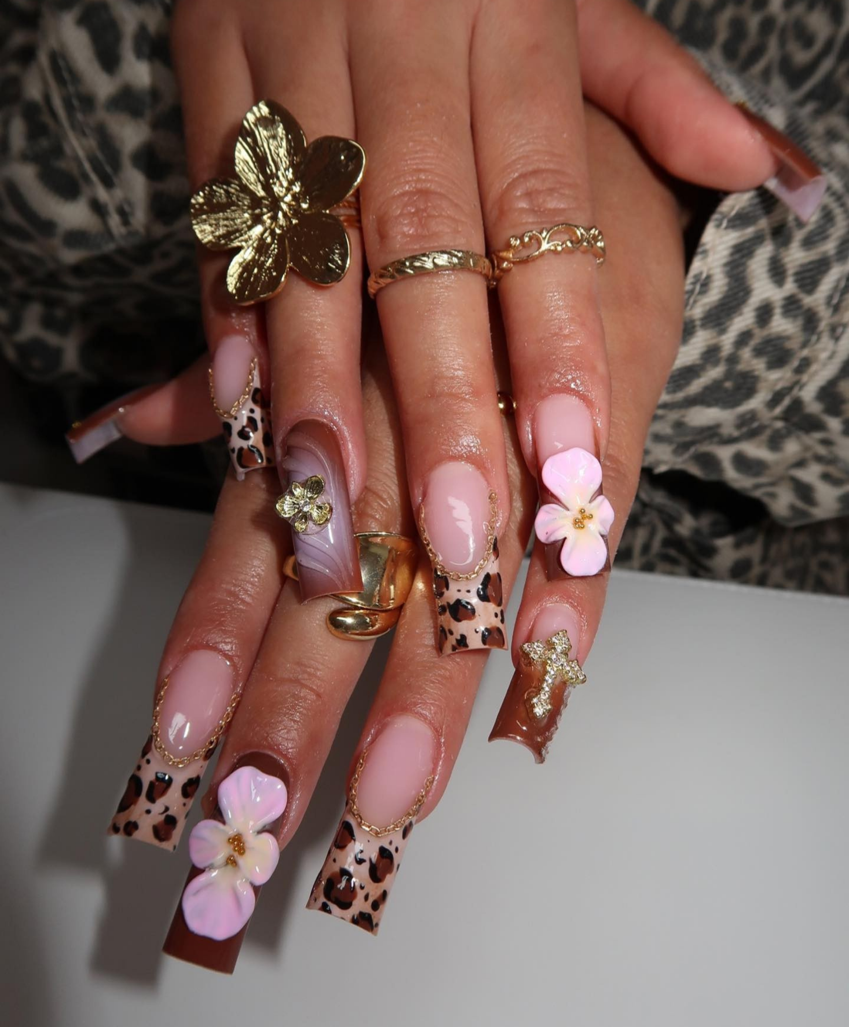 Handmade Leopard Print 3D Flower Long Square Press On Nails | Luxury Brown & Gold Baddie Nails | Animal Print Fake Nails for Birthday & Event