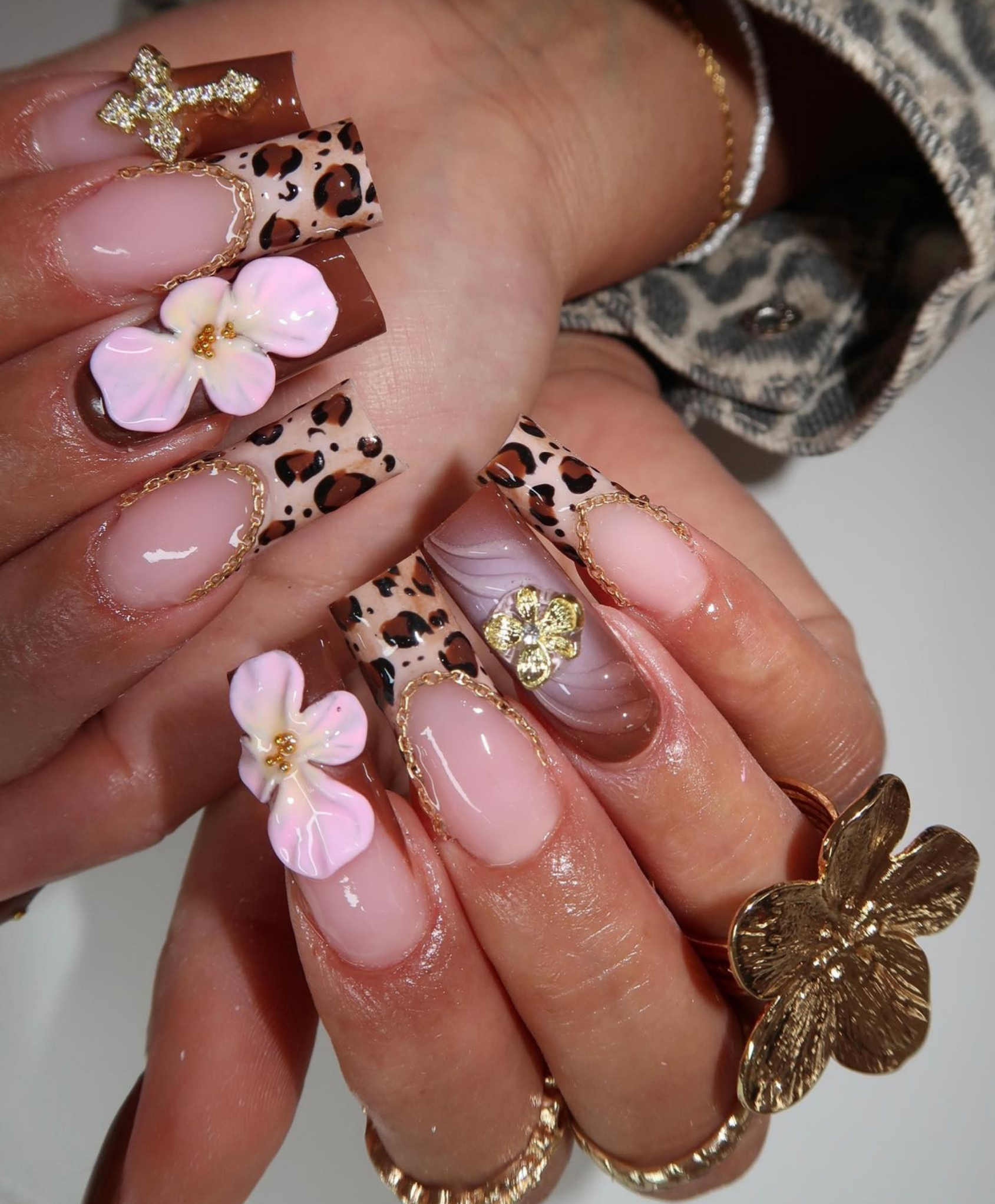 Handmade Leopard Print 3D Flower Long Square Press On Nails | Luxury Brown & Gold Baddie Nails | Animal Print Fake Nails for Birthday & Event