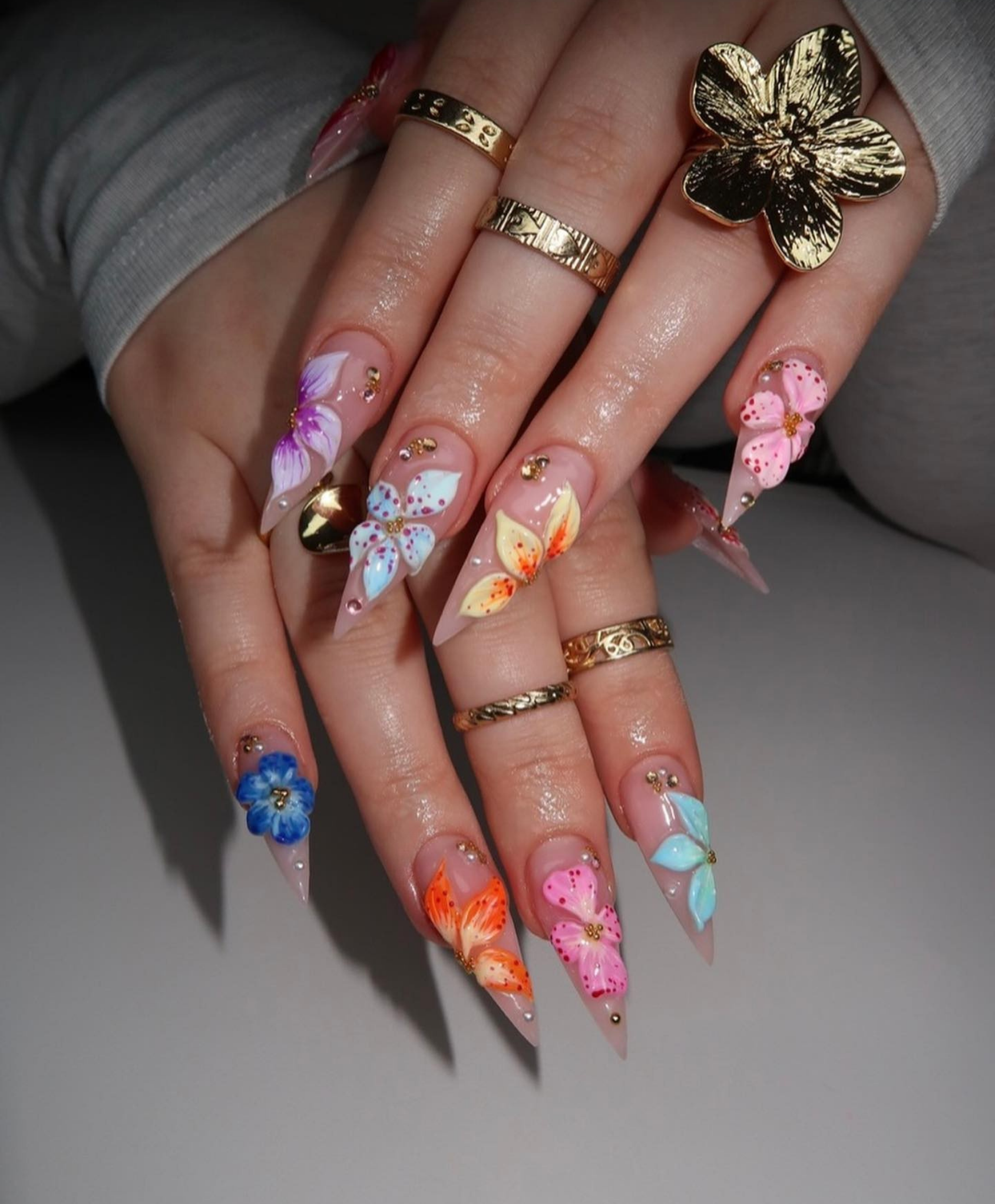 Handmade 3D Colorful Flower Long Stiletto Press On Nails - Rainbow Floral Nail Art - Luxury Summer Garden Fake Nails for Vacation & Events