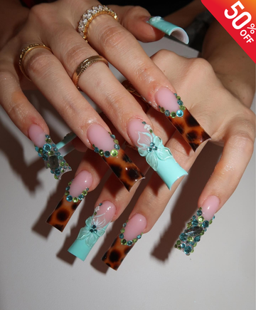 Tortoiseshell & Mint 3D Floral Press On Nails | Long Square Jungle Glam Nail Set | Green Rhinestone French Tip Nails | Luxury Safari Inspired Handmade Nails